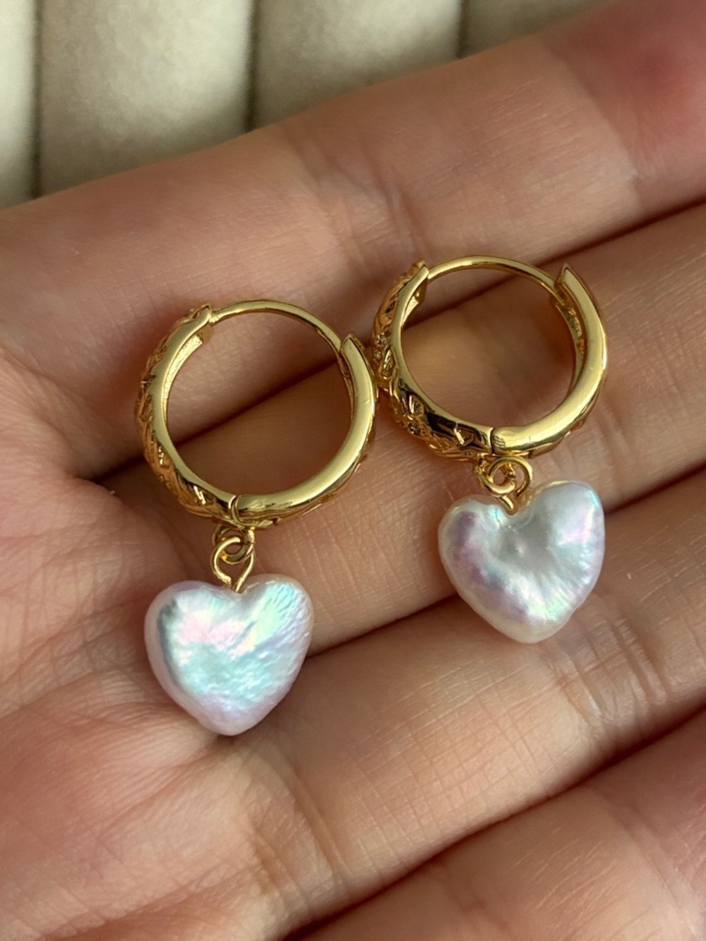 Gold Heart Hoop Earrings with Iridescent Pearl Heart Drops - Picture 3 of 5